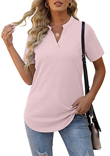 Aokosor Ladies Tops Women V Neck T Shirts Short Sleeve Summer Ribbed Long Tee Shirts Pink Size 22-24