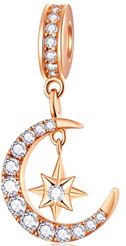 Rose Gold Crescent Moon Star Pendant Charms fit Pandora Valentines Day Bracelet, 925 Sterling Silver I Love You to The Moon and Back Starry Night CZ Beads, Gifts for Bride/Couple/Wedding