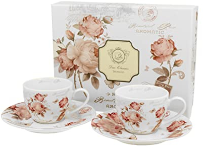 DUO FLORAL 2er-Set Espressotassen 90 ml SECESSION mit Untertassen, New Bone China Porzellan