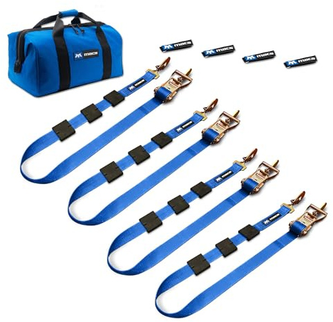 Mac’s Tire Block Strap Pack, 2 x 10' Tire Straps with Twisted Snap Hooks, 3,335 lb. WLL - Includes Rubber Blocks, Idlers, Strap Wraps & Canvas Bag – Car Hauler Tie-Down Kit – Blue