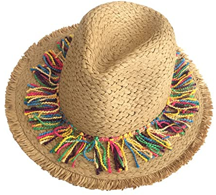 caoxhenr Mexikanischer Sombrero-Hut, breite Krempe, Strand-Sonnenstrohhut mit bunter Quaste, Sombrero-Hut, mexikanischer Sternenhut, Strohhut