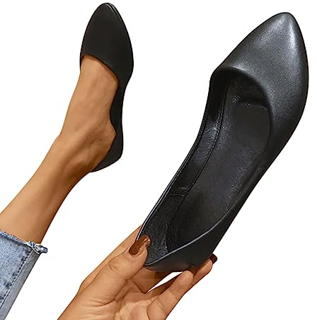 Minetom Damen Pumps Pointed Toe Kunstleder rutschfest Business Büro Flache Schuhe Ballerinas Elegant Bequem Hochzeit Abend Party Braut Schuhe A1 Schwarz 38 EU