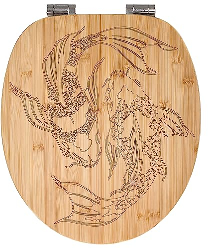banjado® Hochwertig gravierter Design WC Sitz Bambus Absenkautomatik Koi Paar 2 / Toilettendeckel mit Absenkautomatik Holz/Bambus Klodeckel/WC-Sitz für alle gängigen Toiletten