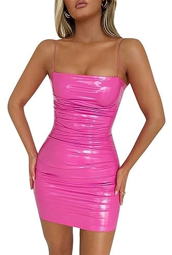 seiveini Robe Sexy en Cuir Femme Robe Latex Simili Mini Robe Moulante Col en V Clubwear Robe San Manche Robe de Club à Enfiler Wetlook Robe Chic Dos Nu Vintage