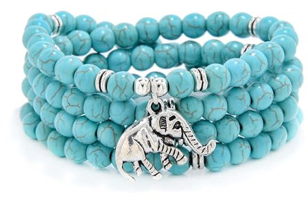 108 Mala Perles Minuscule Éléphant Porte-bonheur Wrap Bracelet Collier Self Discovery Yoga Inspirational Bijoux (Vert Turquoise (Green Turquoise))