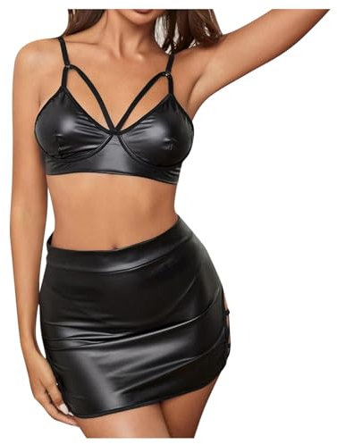HOTSO Frau Sexy Strapsen Dessous Set, Latex Negligee Hot Leder Outfit PU Lackleder Korsettkleid Top und Rock Set Tiefes V Leotard Überkreuzte Schultergurte für Damen Paare Outfit (Schwarz 2, M)