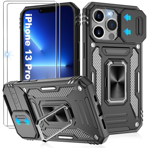 Jshru for iPhone 13 Pro Case with Screen Protector [2 Pack] and Slide Camera Cover,Military Grade Shockproof Phone Case,Ring Kickstand Phone Cover for iPhone 13 Pro,Black