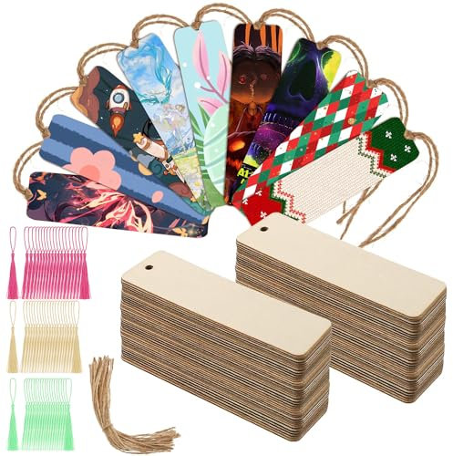 Asaisimg 60 Pcs Wooden Bookmarks Set, DIY Wooden Craft Bookmark with Tassels and Ropes, Rectangle Wood Book Marker Tags for DIY Craft Christmas Wedding Birthday Party Décor