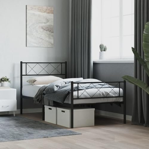 vidaXL Black Metal Bed Frame with Headboard and Footboard, 75x190 cm 2FT6 Small Single, Durable Steel Construction, Extra Storage Space, Assembly Required