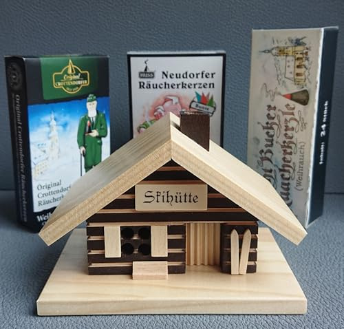 Räucherhaus Set - Skihütte inklusive 3 Päckchen erzgebirigsche Räucherkerzen - Feine Handarbeit aus dem Erzgebirge - inklusive Räucherkerzen