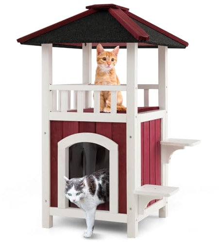 COSTWAY Maison de Chat en Bois avec Toit Bitumé, Niche pour Chat à 2 Étages avec Balcon et Condo, Maison pour Chat d’Extérieur avec Rideau de Pluie et Pieds Surélevés, Rouge et Blanc