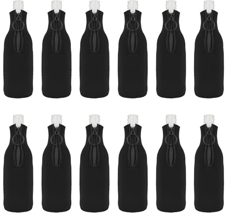 Aspire 12 Pcs Neoprene Beer Bottle Cooler Sleeves, 12oz Sublimation Blank Soft Reusable Zipped-up Bottle Jacket - Black