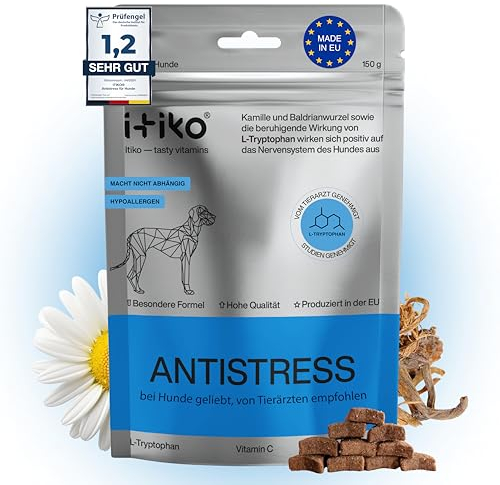 ITIKO Vitamins for Dog Calming | Delicious Calming Dogs Treats without Sedatives | Improves Nervous System & Prevents Barking | Includes Valerian Roots & L-Tryptophan | Dog Anxiety Relief Supplement