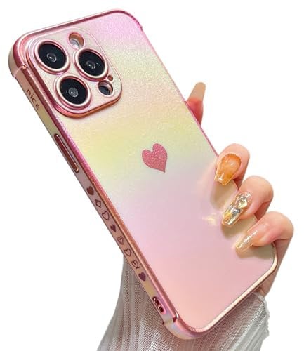 ZTOFERA Compatible with iPhone 15 Pro (6.1) Case for Girls Women, Luxury Fluorescent Iridescent Matte Silicone Case with Cute Love Heart Pattern Plated Rim Shockproof Cover, Iridescent Pink