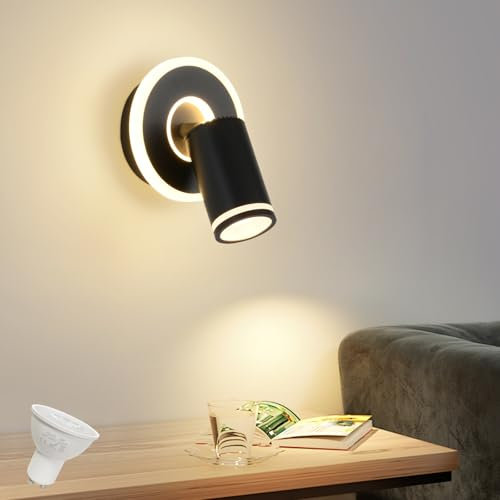 Deckenleuchte 1 Flammig LED,Schwenkbar 350° Rund Deckenstrahler,Wandlampe mit unteres Glühen 9W+5W GU10 Spots,Modern Deckenspot Strahler 3000K Warmweiß,Wandleuchte Lampe für Wohnzimmer,Küche,Schwarz