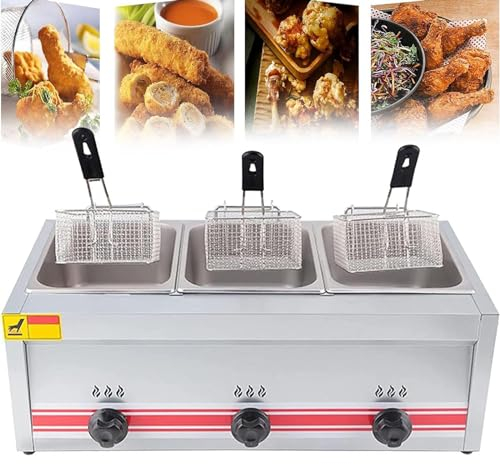 FANYING Freidora de Gas Profesional, freidora Profesional, termostato de Seguridad de freidora con Tapa, para freír comercialmente en restaurantes Familiares,Triplecylinder10l+10l+10l
