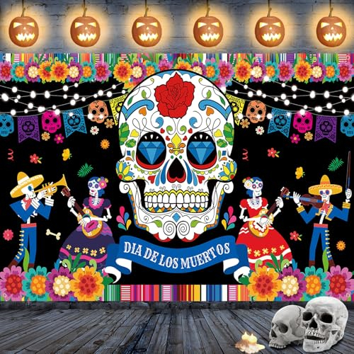 Jobkoo Day of The Dead Banner Extra Large Dia De Los Muertos Backdrop Banner Happy Halloween Banners Sugar Skull Flower Outdoor Flag Yard Sign Background for Halloween Decoration Mexican Fiesta Party