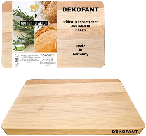 DEKOFANT Frühstücksbrettchen Ahorn 25 x 16 x 2 cm extra dick | Kernahorn stabverleimt, mit Leinöl geölt, extra dick, Vesperbrett, Brotzeitbrett, Jausenbrett