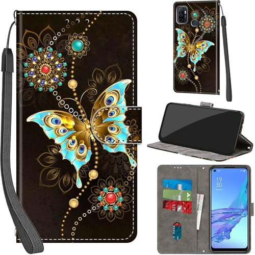 Haninsuze Handyhülle für Oppo A53 4G 2020 / A53s 4G Hülle PU Leder Schutzhülle Klappbar mit Kartenfach Ständer Handytasche Flip Case Klapphülle für Oppo A53 4G 2020 / A53s 4G, grüner Schmetterling