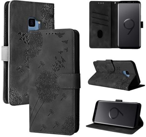 Rostsant Handyhülle für Samsung Galaxy S9 - Löwenzahn PU Leder Flip Case Brieftasche Tasche Hülle Magnetisch Schwarz