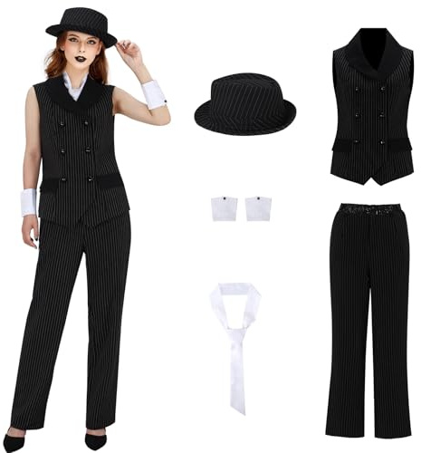 LIKUNGOU Ladies Mafia Pinstripe Costume Women 1920s Gangster Fancy Dress Set Outfit Halloween Carnival Party Suit
