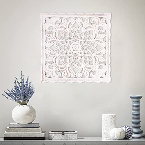 BUTORY A Wanddekoration aus Holz, Blumenmuster, geschnitzt, zum Aufhängen, rustikal, Skulptur, Wandornament, für Schlafzimmer, quadratisch, 30 x 30 cm