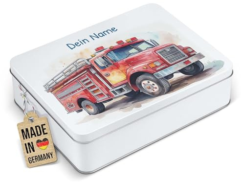 Print Royal PR Erinnerungsbox für Kinder mit Name - Feuerwehr - Blechdose bedrucken, Geschenkdose - Kindergeschenke, Geschenke für Kinder | Rechteckig weiß, 2500 ml