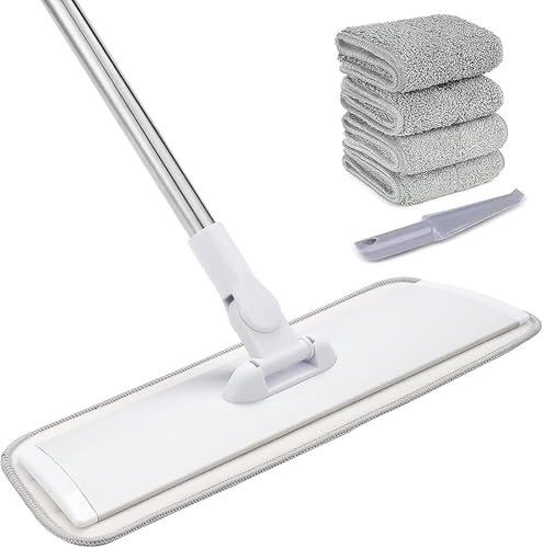 18 Professional Microfiber Mop Floor Cleaning System, Flat Mops with Stainless Steel Handle, 4 Reusable Washable Mop Pads, Wet and Dust Mopping for Hardwood, Vinyl, Laminate, Tile Cleaning (White)