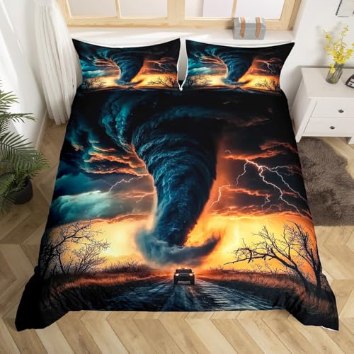 Homewish 3D-Tornado-Doppelbett-Bettwäsche-Set für Teenager-Jungen-Schlafzimmer, Tornado-Donner und Blitz-Bettbezug, Feuerlicht, Tornado, Sturm, der hinter dem Auto jagt, Bettbezug mit