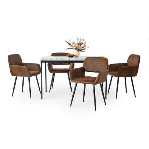 HOMYLIN Esszimmerstühle und Tisch, 5-teiliges Set, 120 cm, rechteckig, Marmor-Weiß-Effekt, Tischplatte Esstisch mit 4 Wildleder-Armlehnen, Küchenstühle