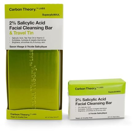 Carbon Theory SupacylicMax Face Bar 80g with Travel Tin | 2% Salicylic Acid and Grape Seed Oil Soap Bar that Cleanses, Hydrates and Helps Reduce Breakouts on Problem Skin.