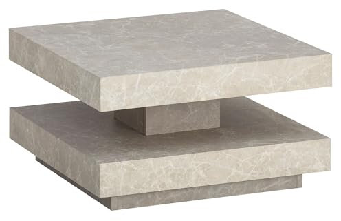 Couchtisch 60x60x34 cm Sandfarben Sofatisch in Stein-Optik Modern | Design Wohnzimmertisch mit Stauraum Quadratisch | Loungetisch Beige | Kaffeetisch Klein