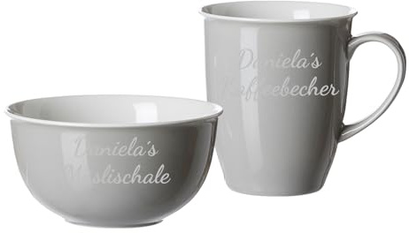 LUXENTU Frühstücks-Set Doppio mit Gravur, Becher & Schale, Grau | Personalisierter 320 ml Kaffeebecher mit 520 ml Müslischale aus Porzellan, 2-zeiliger Gravurbereich, Geschenkidee