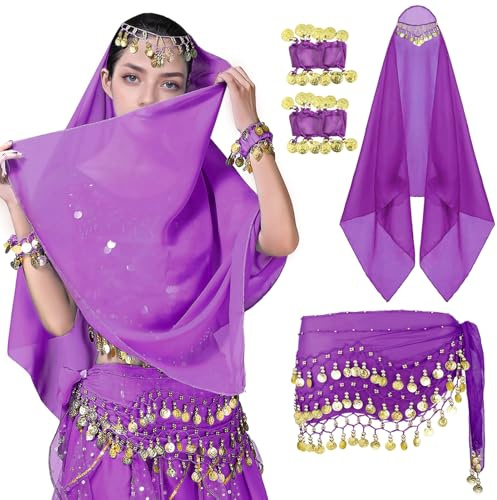 SEAUR Accessoires de Danse du Ventre 3 Ensembles Pièces de Monnaie Mousseline Ceinture Foulard et Bracelets Danse Orientale Femme