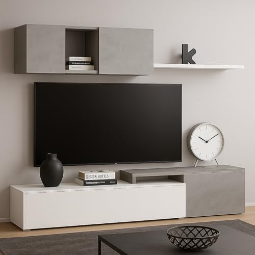 Parete Attrezzata Mobile Soggiorno TV con Mensola Pensile Salotto Legno Base Televisione Sala da Pranzo Design Moderno Modulare Reversibile Adelaide 201 x 41 x 44 Cm (Bianco E Grigio Cemento)