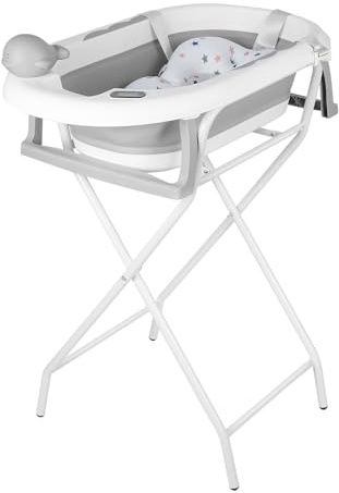Bañera de bebé plegable en pie, bañera grande plegable con soporte, termómetro, alfombra de baño y kit de drenaje (gris, 55x40x90 cm)