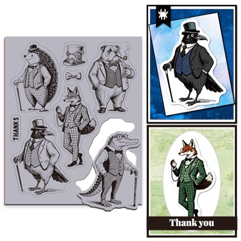 GLOBLELAND Vintage Gentlemen Tierstempel Cling Stamps 22X18 CM Retro Igel Hund Haftstempel Fuchs Krähe Krokodil EVA Gummi Stempel Für Die Kartengestaltung Fotoalbum Papierbasteldekor DIY Scrapbooking