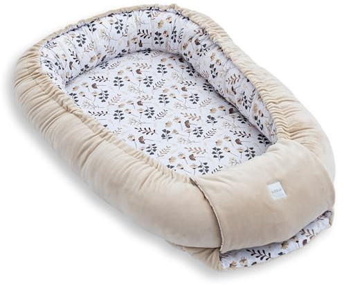 LOOLAY Babynest, Nestchen für Neugeborene – Baby Nestchen 91 × 63 cm, Tragbares Nest aus Samtvelours & Baumwolle (BEIGE Velour/Herzchen Beige)