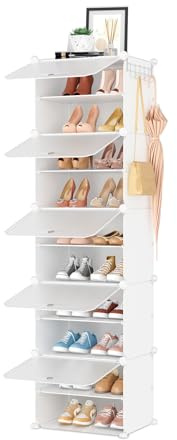 VGOBLO Schuhschrank Schmal, Schuhregal Platzsparend 10 Ebenen für 20 Paar | Schuhschrank Plastik Schmal Hoch, Schuhaufbewahrung Geschlossen mit Türen Weiß für Flur Schlafzimmer, 43 x 32 x 155 cm