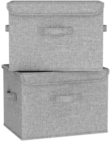 37.8L Stackable Storage Boxes with Lids Linen Clothes Wardrobe Organiser | 3 Sturdy Handles, Foldable XL Fabric Baskets 2 Pack Grey, Space Saving Containers for Towels, Toys, Office, Closet, Bedroom