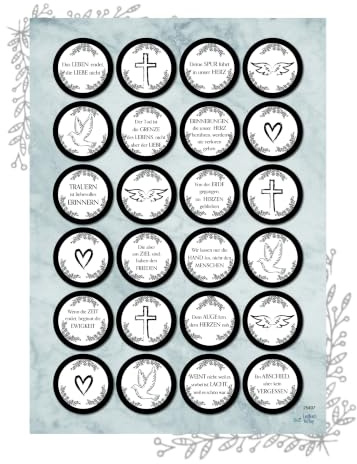 Logbuch-Verlag 24 Aufkleber Trauer rund Ø 4 cm – Sticker-Bogen schwarz-weiß mit Trauersprüchen, Kreuz, Taube & Herz, Etiketten für Trauerkarten, Kondolenz, Beerdigung & Gedenken