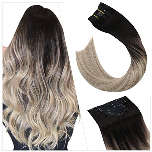 Ugeat Clip in Hair Extensions 22 Inch Black Ombre Blonde 120g #1B/60A | Clip in Hair Extensions Real Human Hair, Natural Black Ombre Blonde, Remy Double Weft, Women, Long Straight Hair
