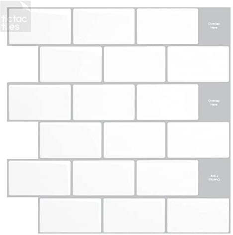 Tic Tac Tiles 30,5 x 30,5 cm zum Abziehen und Aufkleben, selbstklebend, abnehmbar, zum Aufkleben, für Küche, Badezimmer, 3D-Wandaufkleber, Fliesen in U-Bahn-Designs (Mono weiß, 10)