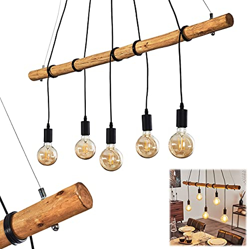 HOFSTEIN Pendelleuchte Seegaard, Hängelampe aus Metall/Holz in Schwarz/Braun, 5-flammig, 5 x E27, moderne Hängeleuchte, Höhenverstellbar bis max. 122 cm, für Esszimmer, Wohnzimmer, Küche