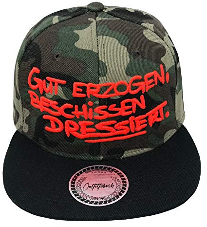 Outfitfabrik ♥ Snapback Cap Gut erzogen, beschissen dressiert in schwarz/Camouflage mit 3D-Stick in neon-orange (Lifestyle, Provokation, Statement, Army, Tarnmuster, camo)
