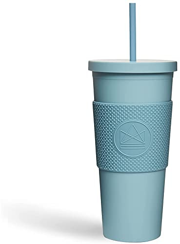 Neon Kactus Super Sonic Thermo Becher mit Strohhalm und Deckel, Lebensmittelechte Silikonhülle, Doppelwandig, Auslaufsicher, Matt-Pastellfarbe, Mehrweg Acryl-Becher, gestaltbares DIY-Geschenk, 650ml