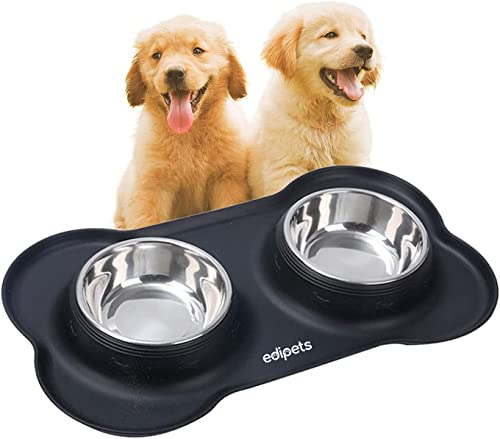 Edipets, Gamelle Chat Chien, Double Bol en Acier Inoxydable, Antiderapante, avec Tapis en Silicone Anti-Débordement (480, Noir)