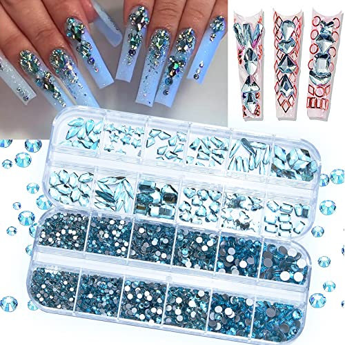 2120 Pcs Lake Blue Nail Rhinestones Crystals Glass Gems Stones Multi Shapes Sizes Blue Round Beads Flatback Rhinestones for Nail DIY Crafts Clothes Shoes Jewelry