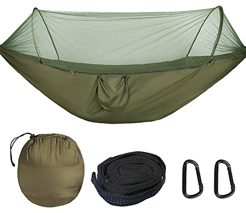 KEESIN Hamaca para Acampar con mosquitera Doble Individual Capacidad Carga de 200 kg y Hamaca Transpirable para Exteriores para Acampar Senderismo Mochilero Jardín Interior al Aire Libre(Armygreen)