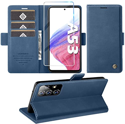 für Samsung Galaxy A53 5G Hülle mit Schutzfolie, Handyhülle Galaxy A53 5G Standfunktion Kartenfach Wallet Premium Leder Schutzhülle A53 5G Flip Case Cover Stoßfeste Klapphülle (blau)